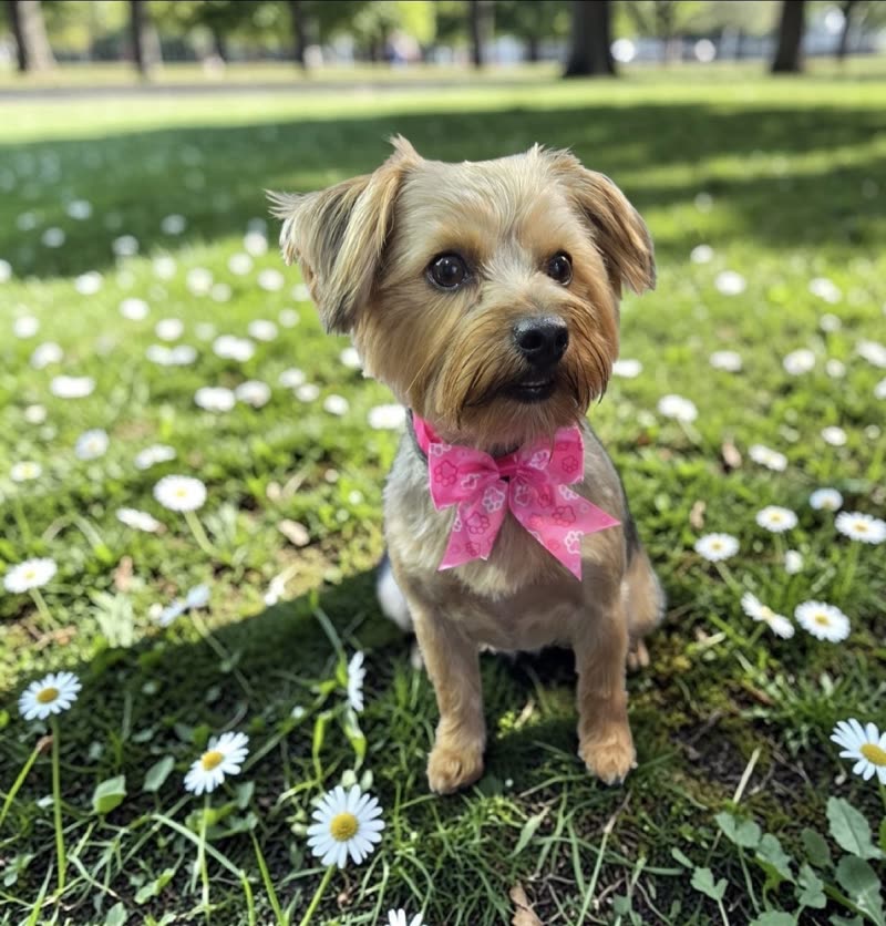 Groomed Yorkie-cross with a pink bow sitting on a daisy-covered lawn