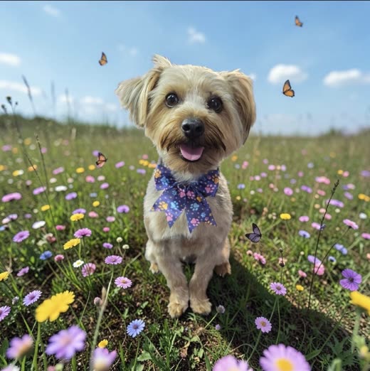 Groomed Yorkie-cross with a blue floral bow sitting among wildflowers